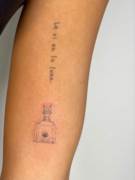 Patron Bottle Tattoo, Matching Tequila Tattoos, Cantarito Tattoo, Meaningful Mexican Tattoo, Small Tequila Shot Tattoo, Small Mexico Tattoo, Tequila Bottle Tattoo, Tequila Tattoo Ideas, Mexico Tattoo For Women