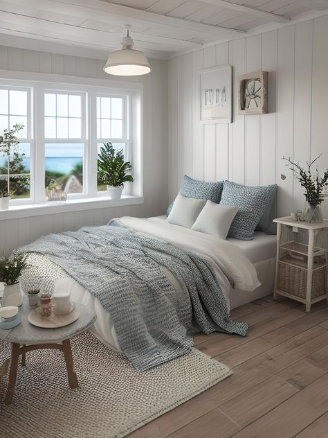 Beachy Bedspread, Master Bedrooms Beachy, Blue Beach House Bedroom, Modern Beach Room Aesthetic, Belly’s Bedroom Tsitp, Beach Themed Guest Bedroom, Granddaughter Coastal Room, Coastal Living Room Decor Hampton Style Master Bedrooms, Beach Bed Aesthetic