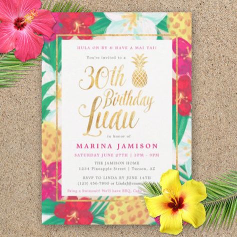 $3.08 | Gold 30th Birthday Luau Party Invitations | Birthday Invitations | luau, hawaiian, tropical, pineapple, 30th, birthday, thirty, woman, thirtieth, gold 50th Luau Birthday Party, Hawaiian 50th Birthday Party, Luau Birthday Party Invitations, Pink Birthday Invitations, Birthday Invitations Pink, Gold 30th Birthday, Luau Party Invitations, Pineapple Birthday Party, Luau Invitations