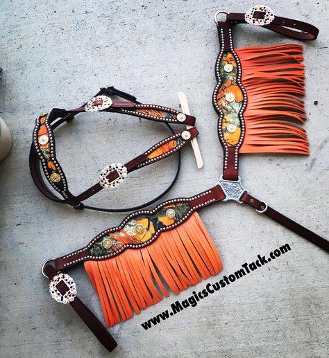 Orange Horse Tack Western, Orange Horse Tack, Western Tack Sets, Barrel Racing Tack Rodeo, Horses Tack, Horse Tack Rooms, Tack Rooms, Barrel Racing Tack, Paint Leather