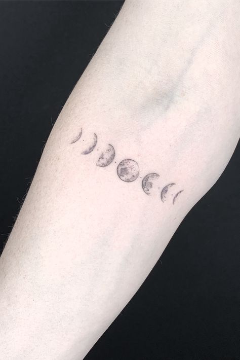 Moon Tattoos On Wrist, Moon Phases Tattoo Back Of Arm, Wrist Moon Phases Tattoo, Cycle Of The Moon Tattoo, Full Moon Finger Tattoo, Phases Of The Moon Tattoo Designs, Moon And Daffodil Tattoo, Phases Moon Tattoo, New Moon Tattoo Ideas