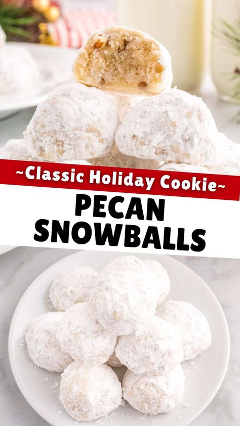 These classic buttery pecan snowball cookies are easy to make in under 30 minutes with a handful of simple ingredients! Perfect for Christmas cookie exchanges and holiday baking! White Powder Christmas Cookies, Old Fashioned Snowball Cookies, Wedding Balls Cookies, Mexican Snowball Cookies, Pecan Wedding Cookies, Russian Tea Cookies Recipe, Polish Cream Cheese Cookies, Snow Cookies Recipe, Christmas Balls Cookies