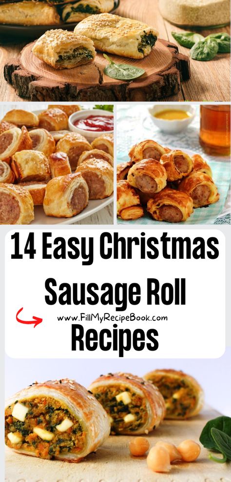 14 Easy Christmas Sausage Roll Recipes ideas. The best festive homemade puff pastry savory and vegetarian snacks or appetizers. Christmas Sausage Recipes, Sausage Roll Ideas, Sausage Roll Appetizer, Meals With Puff Pastry, Festive Sausage Rolls, Sausage Rolls With Puff Pastry, Christmas Picnic Food, British Sausage Rolls Recipe, Christmas Sausage Rolls