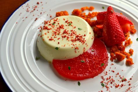 Cucumber panna cotta with strawberries, lemon thyme and honeycomb Honeycomb Recipe, Strawberry Panna Cotta, Panna Cotta Recipe, Seasonal Desserts, Great British Chefs, Impressive Desserts, Lemon Thyme, Strawberry Jelly, Dessert Dips