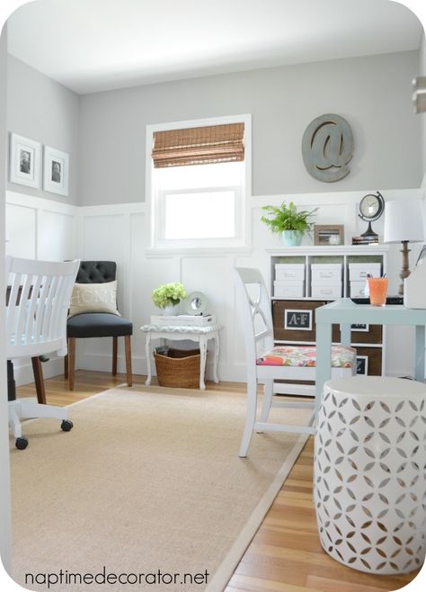 Color is light French grey by Sherwin Williams. board and batten on the walls Light French Grey, Rug Textures, Bedroom Paint Colors Sherwin Williams, Dark Home Office, Light French Gray, Sherwin Williams Paint Gray, Neutral Gray Paint, Gray Office, Office Paint Colors