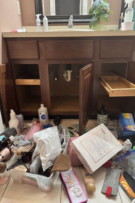 under sink cabinets emptied out with bathroom products scattered on the floor The Fly Lady, Bathroom Under Sink Cabinet, Under Bathroom Sink, Bathroom Under Sink, Sink Cabinets, Fly Lady, Her Bathroom, Under Sink Cabinet, The Boogie