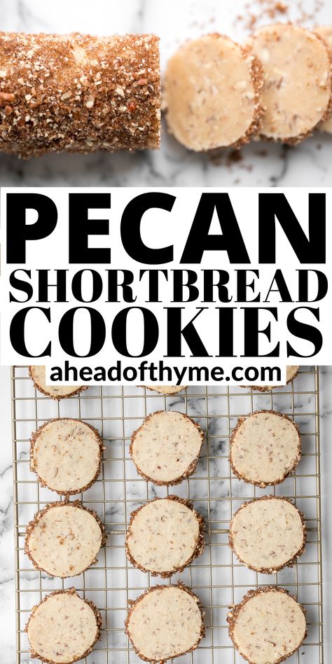 Slice and bake pecan shortbread cookies are sweet, nutty and buttery shortbread cookies packed with finely chopped pecans that melt in your mouth. They are rolled in brown sugar and more pecans, sliced and baked. They are easy to make making the perfect cookie to include as part of a cookie exchange on your holiday baking list, or for any time of the year. | aheadofthyme.com #pecanshortbread #shortbreadcookies #slicenandbakecookies #sliceandbakeshortbread #pecancookies #shortbread Butter Pecan Sugar Cookies, Pecan Pie Shortbread Cookies, Butter Pecan Shortbread Cookies, Slice And Bake Christmas Cookies, Christmas Shortbread Cookies, Beautiful Biscuits, Slice And Bake Cookies, Pecan Cookie, Holiday Recipies