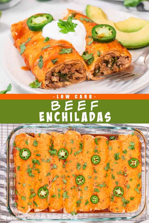 Craving enchiladas while on a low carb journey? Our easy Low Carb Beef Enchiladas are a game-changer! Packed with tasty flavors and perfectly balanced macros, they're a must-try for anyone following a keto diet or looking to cut back on carbs. Get ready to satisfy your cravings without compromising your healthy eating goals! High Protein Low Carb Enchiladas, Spinach Burgers, Shredded Beef Enchiladas, Low Carb Enchiladas, Enchiladas Healthy, Beef Enchilada Recipe, Healthy Beef, Beef Enchiladas, Shredded Beef