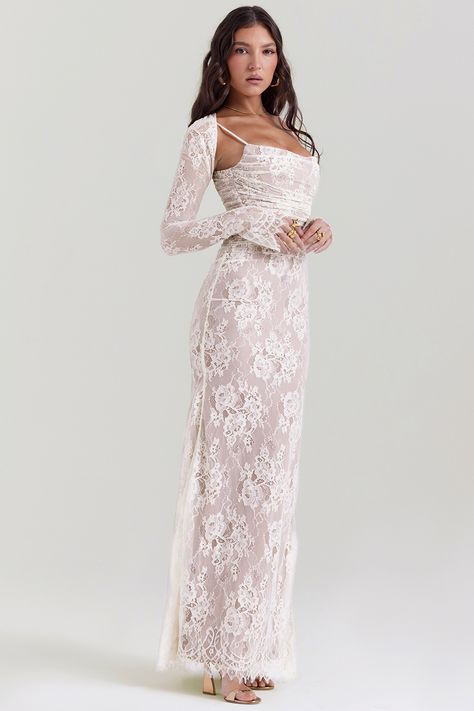 Clothing : Maxi Dresses : 'Artemis' Vintage Cream Lace Maxi Dress Full Sleeve Prom Dress, Artemis Dress, Long Mesh Dress, Lace Capelet, Long Lace Dress, Capelet Dress, Dress With Gloves, White Lace Maxi Dress, Kebaya Dress