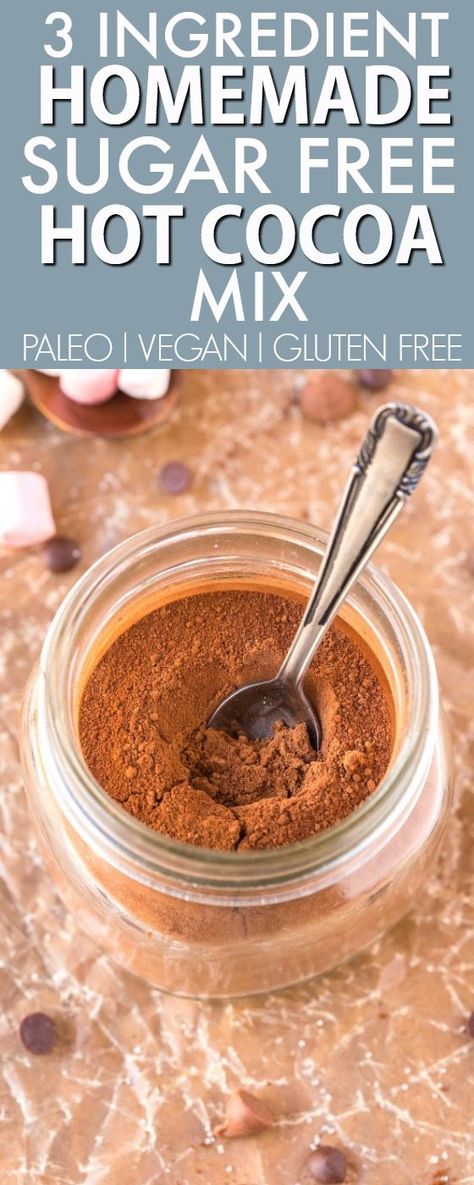 3 Ingredient Sugar Free Hot Chocolate Cocoa Mix (V, GF, Paleo)- Easy, healthy, creamy hot chocolate mix perfect for gifting and made with NO nasties or fillers- Just add water or milk! {vegan, gluten free, paleo recipe}- thebigmansworld.com Hot Chocolate For Diabetics, Sugar Free Cocoa Mix Recipe, Homemade Sugar Free Hot Cocoa Mix Recipe, Whole 30 Hot Chocolate, Healthy Hot Cocoa Mix Recipe, No Sugar Hot Chocolate Recipe, Low Sugar Hot Chocolate Recipe, Diet Hot Chocolate Recipe, Sugar Free Hot Chocolate Mix Recipe Dry