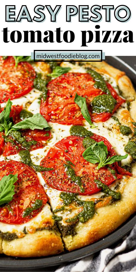 This pesto pizza recipe is better than take out and comes together in less than 20 minutes! Use refrigerated pizza dough from the store or my quick and easy pizza dough recipe along with all those ripe tomatoes and overgrown basil from the garden! Quick And Easy Pizza Dough, Easy Pizza Dough Recipe, Pesto Pizza Recipe, Basil Pizza, Comfy Food, Tomato Pizza, Refrigerated Pizza Dough, Pizza Dough Recipe Easy, Easy Pizza Dough