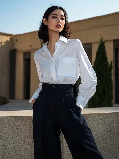 ↑↑↑ Larger size on website 🔸 A young woman with long dark hair is wearing a white collared shirt with a large pocket on the left Collared Shirt Work Outfit, Shirt Work Outfit, Neutral Expression, White Collared Shirt, Long Dark Hair, Low Angle, Collared Shirt, High Waisted Trousers, Young Woman