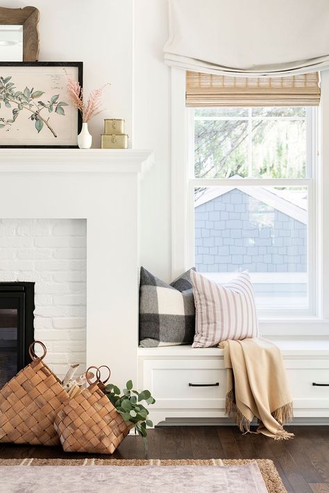 Blue Kitchen Tiles, Fireplace Windows, Wooden Fireplace, White Fireplace, Cottage Living Rooms, Home Fireplace, Up House, White Brick, Cottage Living