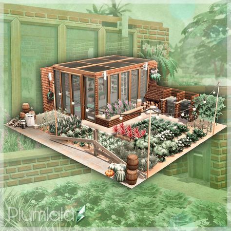 Sims Community Garden, Sims 4 Vegetable Garden, Sims4 Greenhouse, Sims 4 Community Garden, Sims 4 Greenhouse Ideas, The Sims 4 Garden Ideas, Sims 4 Garden House, Sims 4 Courtyard, Sims 4 Garden Ideas