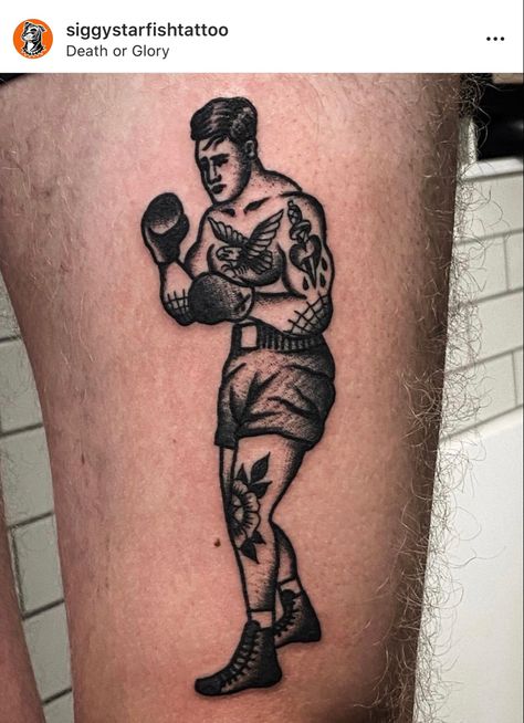 Trad Boxer Tattoo, American Traditional Boxing Tattoo, Old School Tattoo Man, Hiphop Tattoo Old School, American Traditional Boxer, Boxer Tattoo Traditional, Old School Boxer Tattoo, Traditional Boxer Tattoo, Boxing Tattoo