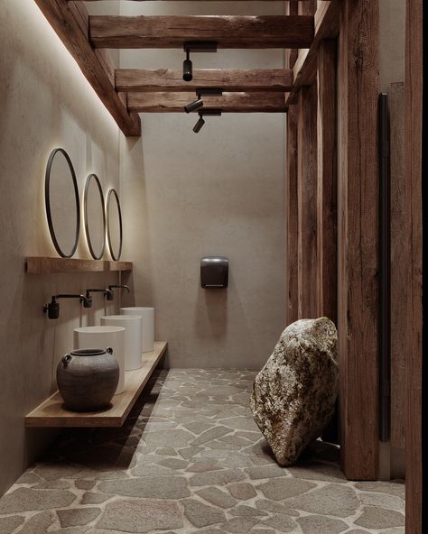 Restaurant La Mesa on Behance Wabi Sabi Restaurant, Rustic Restaurant Interior, Boho Restaurant, Concrete Effect Paint, Wabi Sabi Interior, Casa Cook, Restaurant Bathroom, Rustic Restaurant, Toilet Design