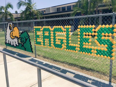 Link Art, Fence Art, Fence Decor, Chain Link Fence, Football Party, School Decorations, Fence Design, Student Activities, Outdoor Art