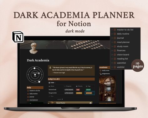 #Dark_Academia_Notion #Academia_Notion #Notion_Template_Personal #Routine_Journal Dark Academia Notion, Academia Notion, Aesthetic Notion Template, Notion Ideas, Aesthetic Notion, Notion Planner, Planner Aesthetic, Small Business Planner, Dark Cottagecore