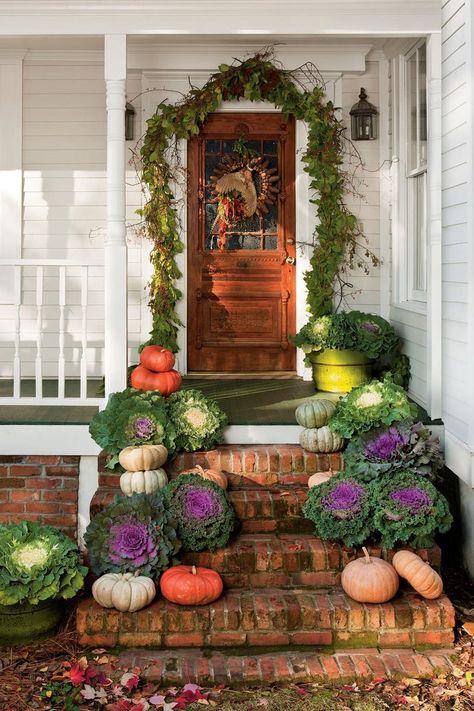 Perfect Pumpkin Ideas for Your Southern Porch: Lush Stairs Veranda Design, Fall Front Door Decor, Creative Pumpkin Decorating, Fall Front Porch Ideas, Fruits Decoration, Southern Living Magazine, Fall Front Door, Fall Front Porch, Fall Outdoor Decor