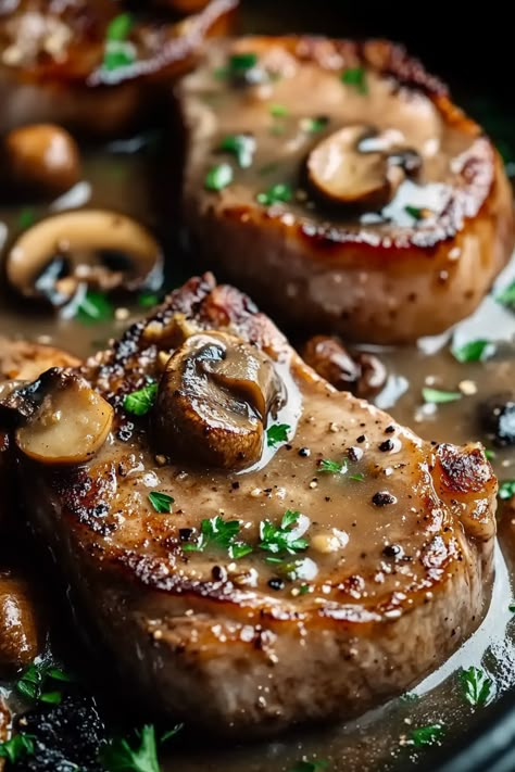 Slow Cooker Pork Chops with Mushroom Gravy Slow Cooker Bone In Pork Chops, Pork Chops Mushrooms, Stewed Pork Chops, Pork Chops And Mushrooms, Pork Chops Cream Of Mushroom, Boneless Pork Chops Crock Pot, Rice And Pork Chops, Pork Chops With Mushroom Gravy, Slow Cooker Pork Chops Recipes