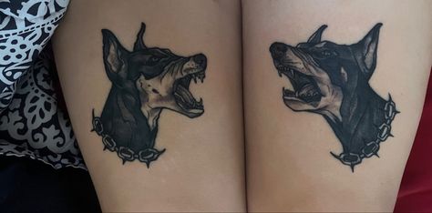 two dobermans barking at each other tattoo Double Dog Tattoo, Dog Stomach Tattoo, Dog Growling Tattoo, Scary Animal Tattoo, Barking Doberman Tattoo, Rabid Dog Tattoo, Vicious Dog Tattoo, Two Headed Dog Tattoo, Aggressive Dog Tattoo