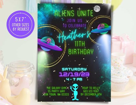 Alien Birthday Party, Alien Birthday, Outer Space Party, Birthday Party Invite, Party Invitations Printable, Space Party, Glow Party, 11th Birthday, Invitation Digital