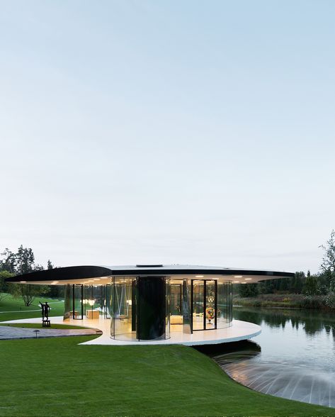 Lakeside Architecture, Pavillion Wedding, Futuristic House, Water Architecture, Zaha Hadid Architecture, Building Skin, India House, Glass Pavilion, Pavilion Architecture