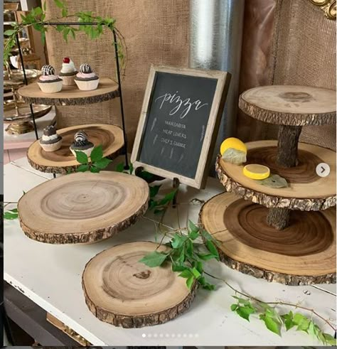 Lots of heights and shapes for our wood sweets cake stands. Live edge and other wood options are available. #liveedgecakestands #rusticsweetstable #woodcakestands #rusticrentalstoronto #rusticrentalswhitby #rusticchicweddingrentalstoronot Diy Wood Dessert Stand, Wood Slice Tiered Stand, Wood Slice Food Display, Wood Cupcake Display, Live Edge Cake Stand, Wooden Cake Stand Diy, Wood Slabs For Wedding, Wood Slab Centerpieces, Wood Food Display