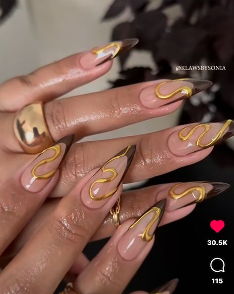 Almond Nails With Chrome Design, French Snake Nails, Almond Nail Shape Designs, French Tip With Chrome Design, Chrome French Almond Nails, French And Chrome Nails, Nail Inspo Almond Chrome, Tortoise Almond Nails, Blonde Tortoise Shell Nails