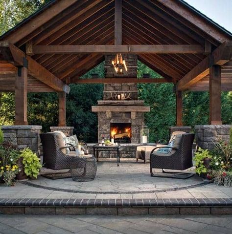 Rustic Outdoor Fireplaces, Outdoor Fireplace Designs, Backyard Fireplace, Patio Fireplace, Backyard Pavilion, Outdoor Living Rooms, Backyard Living, Pergola Patio, Rustic Outdoor