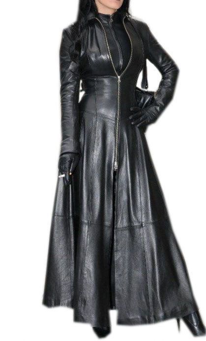 be53ee61104935234b174e62a07e53cfdesc37312627ri Leather Dress Outfit, Gothic Coat, Leather Coat Womens, Gown Suit, Long Leather Coat, Long Winter Coats, Leather Trench Coat, Leather Dresses, Leather Outfit