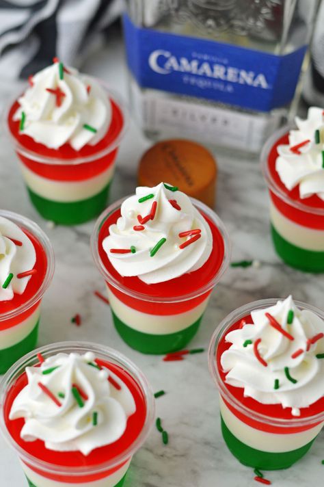 Mexican Flag Jello Shots Mexican Jello Shots, Mexican Candy Jello Shots, Flag Jello, Camping Trip Food, White Jello, Layered Shots, Candy Shots, Flag Of Mexico, Layered Jello