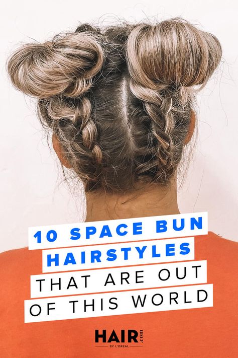 Shoulder Length Hair Space Buns, Sporty Space Buns, Space Bun Hairstyles, Hair Designs For Girls, Two Buns Hairstyle, Space Bun, Cute Prom Hairstyles, High Bun Hairstyles, World Hair