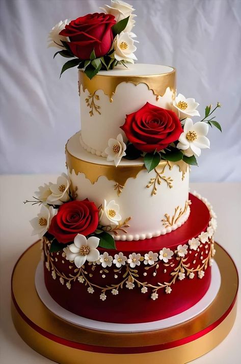 Red White And Gold 2 Tier Cake, Easy Christmas Cake Recipe, Elegant Cake Design, Chinese Cake, Wedding Cake Options, Regal Rose, Cake Style, Fantasy Cake, Christmas Cake Recipes