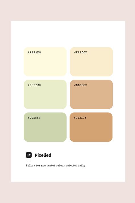 This pastel color palette features a gentle blend of soft greens and warm beiges. The delicate green shades provide a sense of freshness and calm, while the warm beige tones add a touch of natural warmth and sophistication. Ideal for illustration, branding, typography, and web UI, this palette brings a balanced, organic feel to any project. Earth Pastel Color Palette, Soft Pastel Color Palette, Pastel Yellow Color Palette, Pastel Green Color Palette, Pastel Color Palette Soft, Wedding Hills, Soft Green Color Palette, Color Palette Earth Tones, Delicate Color Palette