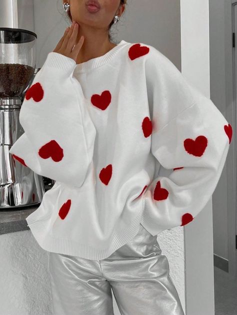 Women's Fall Knit Long Sleeve Cute Heart Print Casual Loose Fit Pullover Sweater For Valentines Day White Casual  Long Sleeve Knitwear Geometric,Heart,Fruit&Vegetable Pullovers Medium Stretch Spring/Fall Women Clothing, size features are:Bust: ,Length: ,Sleeve Length: Winter Pullover, Heart Sweater, Long Sleeve Knit Sweaters, Women Sleeve, Loose Sweater, Sweater Pullover, Cute Sweaters, Inspiration Mode, Streetwear Women