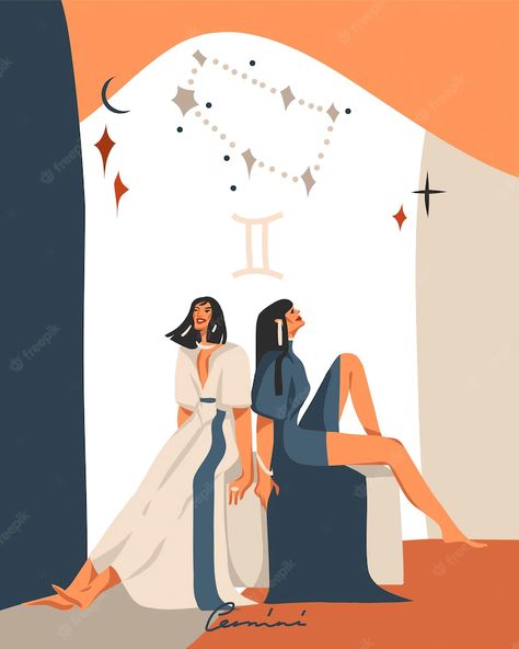 Celestial Illustration, Zodiac Sign Gemini, Simple Collage, Zodiac Cards, Boho Contemporary, Modern Magic, Zodiac Signs Gemini, Simple Illustration, Hand Drawn Vector