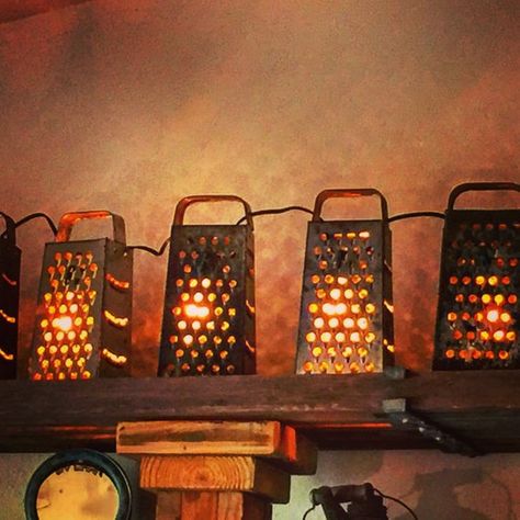 Lanterns / Lantern Swag / Kitchen Grater Lamps / Edison Style Bulbs / Primitive / 9' / 9.5" X 4" X 3 Decorating With Lanterns Indoors, Vintage Eclectic Home, Primitive Lamps, Repurposed Kitchen, Primative Decor, Repurposed Lamp, Lantern Swag, Primitive Kitchen Decor, Farmhouse Kitchen Lighting