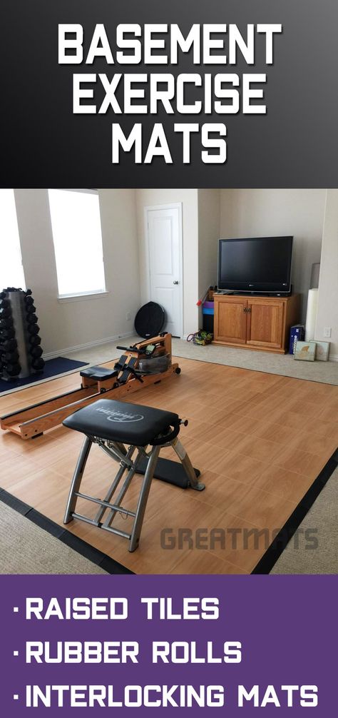 Home Gym On Carpet, Home Gym Unfinished Basement Ideas, Home Gym Flooring Over Carpet, Basement Gym And Family Room Floor, Home Gym Flooring Ideas, Workout Flooring Home Gyms, Workout Room Flooring, Home Gym Mats Flooring, Basement Transformation