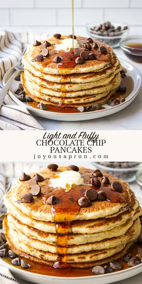 Text between two stacks of chocolate chip pancakes on plates with syrup Best Chocolate Chip Pancake Recipe, Best Chocolate Chip Pancakes, Fluffy Chocolate Chip Pancakes, Easy Chocolate Chip Pancakes, Pancake Recipe Chocolate Chip, Chocolate Chips Pancakes, Easy Chocolate Chip Pancake Recipe, Pancake Recipe From Scratch, Pancakes Chocolate Chip