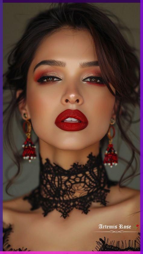 Spanish Makeup Look, Makeup Carnaval, Mexican Makeup, Spanish Hairstyles, Nicole Ramirez, Steampunk Coffee, Red Lipstick Makeup Looks, Different Skin Types, Holiday Makeup Looks