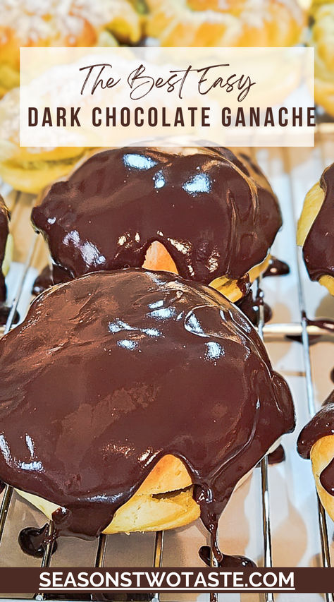 Cream puffs coated with warm chocolate ganache. How To Make Ganache Recipes, Dark Chocolate Ganache Recipe, Chocolate Ganache Recipe, Dark Chocolate Ganache, Ganache Recipe, Delectable Desserts, Gluten Free Eating, Pound Cake Recipes, Icing Recipe