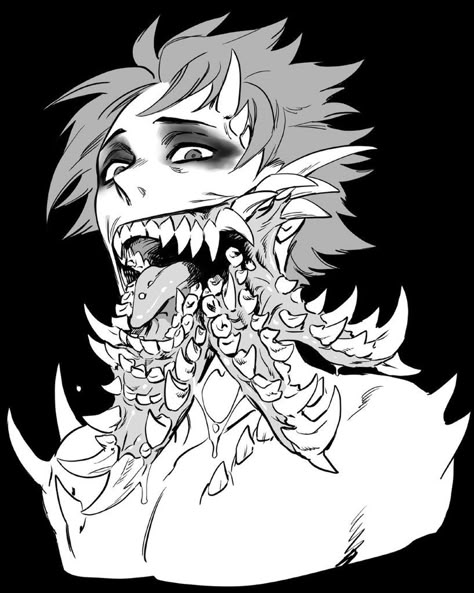 Eldritch Humanoid Monster, Creepy Humanoid Monsters, Creepy Teeth Art, Monster Teeth Reference, Horror Mouth Drawing, Bodyhorror Aesthetic, Monster Ideas Drawing, Envy Character Design, Body Horror Drawing Reference