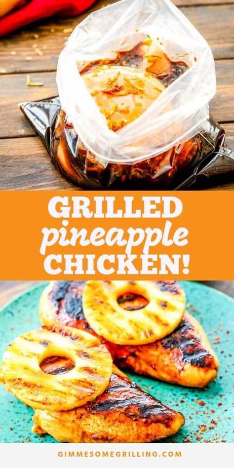 Easy Pineapple Grilled Chicken is a quick and easy weeknight meal on your grill. We love the flavor from the marinated grilled chicken that's topped with a grilled pineapple ring! #recipe #dinner Pineapple Chicken Marinade For The Grill, Pineapple Marinated Chicken, Grilled Chicken With Pineapple, Pineapple Chicken Breast, Tender Juicy Chicken Breast, Easy Marinated Chicken, Dinner Recipe Chicken, Homemade Marinade, Pineapple Pork Chops