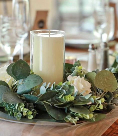 Single Candle Centerpiece, Anniversary Party Centerpieces, Pillar Candle Centerpieces, Cheap Wedding Centerpieces, Red Wedding Decorations, Greenery Centerpiece, Candle Wedding Centerpieces, Single Candle, Flameless Candles