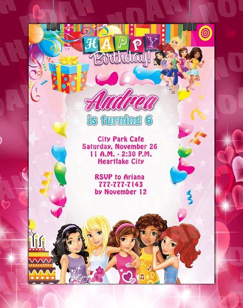 Lego Friends Invitations Birthday Party Lego Friends Birthday Party Invitations, Girls Lego Party, Lego Friends Birthday Party, Gallery Wall Clock, Lego Friends Birthday, Lego Friends Party, Teal Makeup, Birthday Party Invitations Free, Lego Girls