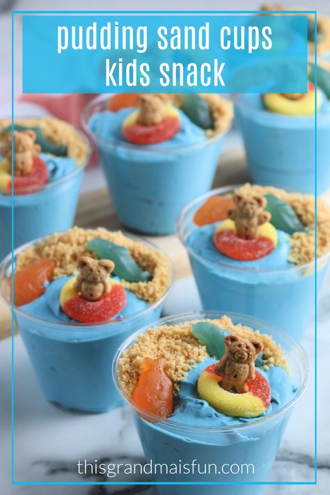 Blue Pudding, Pudding Snacks, Dirt Cups Recipe, Sand Pudding, Hawaiian Desserts, Pudding Cups, Children's Activities, Blue Food Coloring, Quick Snack