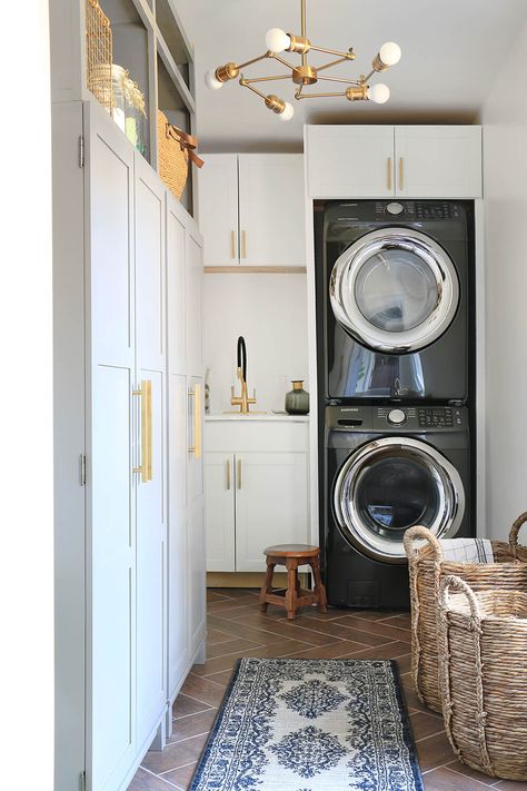 Incredible before and after! One Room Challenge laundry room renovation by Home Made by Carmona | #ad #laundryroom #homemadebycarmona #oneroomchallenge Small Laundry Room With Black Washer And Dryer, Laundry Room Lights Fixture, Stacked Full Size Washer Dryer Laundry Room, Laundry Lighting Fixture, Laundry Room Design Double Stack, Stackable Washer Dryer Laundry Room Ikea, Black Washer And Dryer Laundry Room, Farmhouse Laundry Room Stacked, Laundry Room Light Fixture