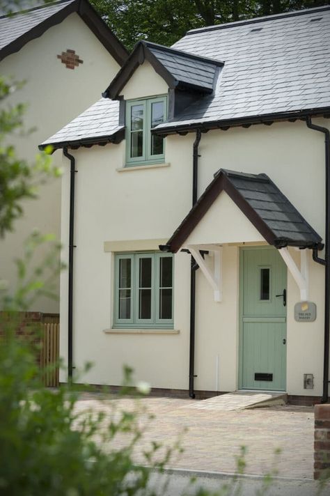 House With Green Windows, New Build House Exterior Uk, Rendered Cottage Exterior Uk, Farmhouse Uk Exterior, Green Upvc Windows, White Rendered House Exterior Uk, Grey Upvc Windows, Rendered Cottage Exterior, Rendered Farmhouse