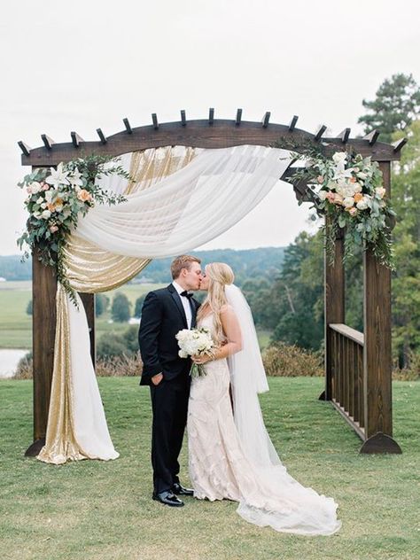 Pergola - handmade by the father-of-the-bride - with beautiful draping and flowers ~ http://www.stylemepretty.com/2016/08/19/rustic-foxhall-resort-wedding/ Pergola Decor, Wedding Pergola, Wedding Arch Ideas, Wedding Arbors, Arch Ideas, Wedding Arch Rustic, Gazebo Wedding, Wedding Ceremony Arch, Wedding Arch Flowers